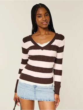 Hollister Striped V-Neck Cable Knit Sweater - Pink & Brown nwt
